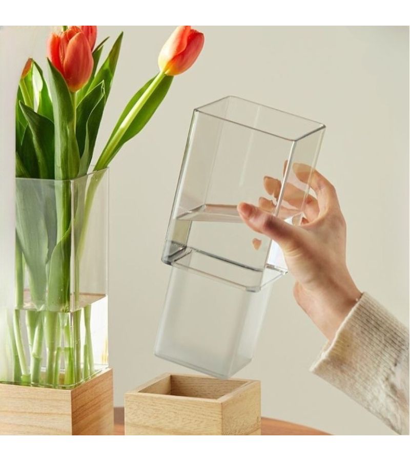 White Square Shatterproof PET Vase With Wooden Stand 3.94x9.84 Inch Desktop Planter - Image 5