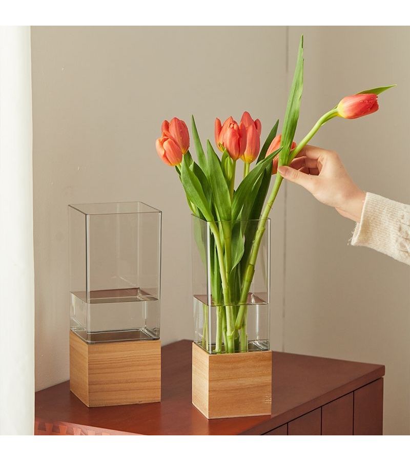White Square Shatterproof PET Vase With Wooden Stand 3.94x9.84 Inch Desktop Planter - Image 3