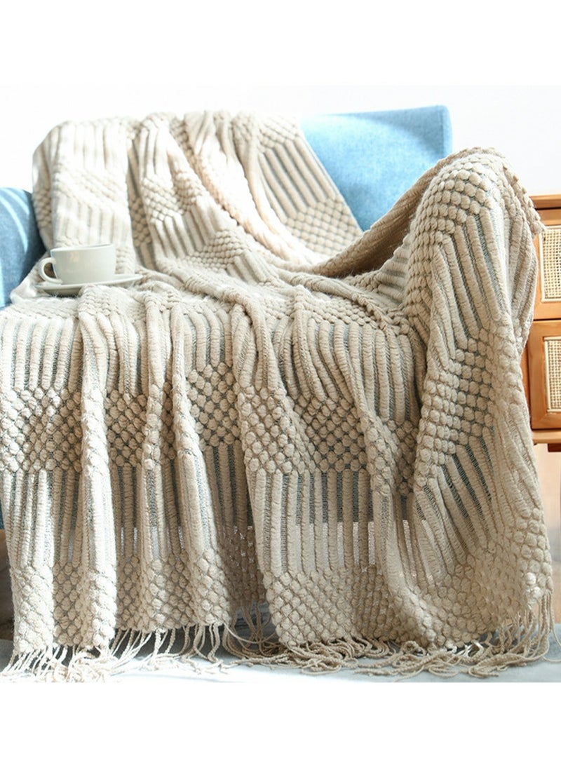 Loquat Tassel Design Textured Soft Throw Blanket Keep Warm Khaki - Image 1