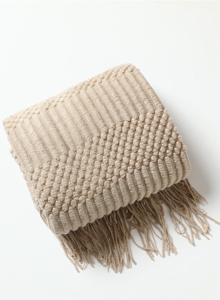 Loquat Tassel Design Textured Soft Throw Blanket Keep Warm Khaki - Image 2