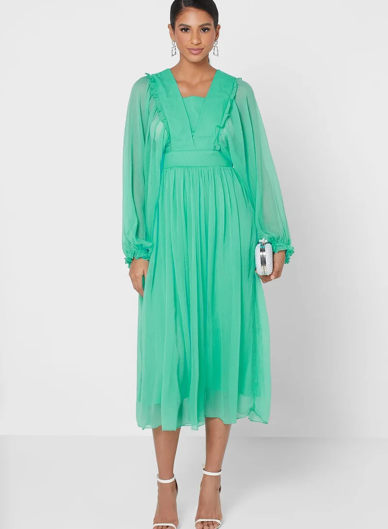 ANOTAH Balloon Sleeve Pleated Dress