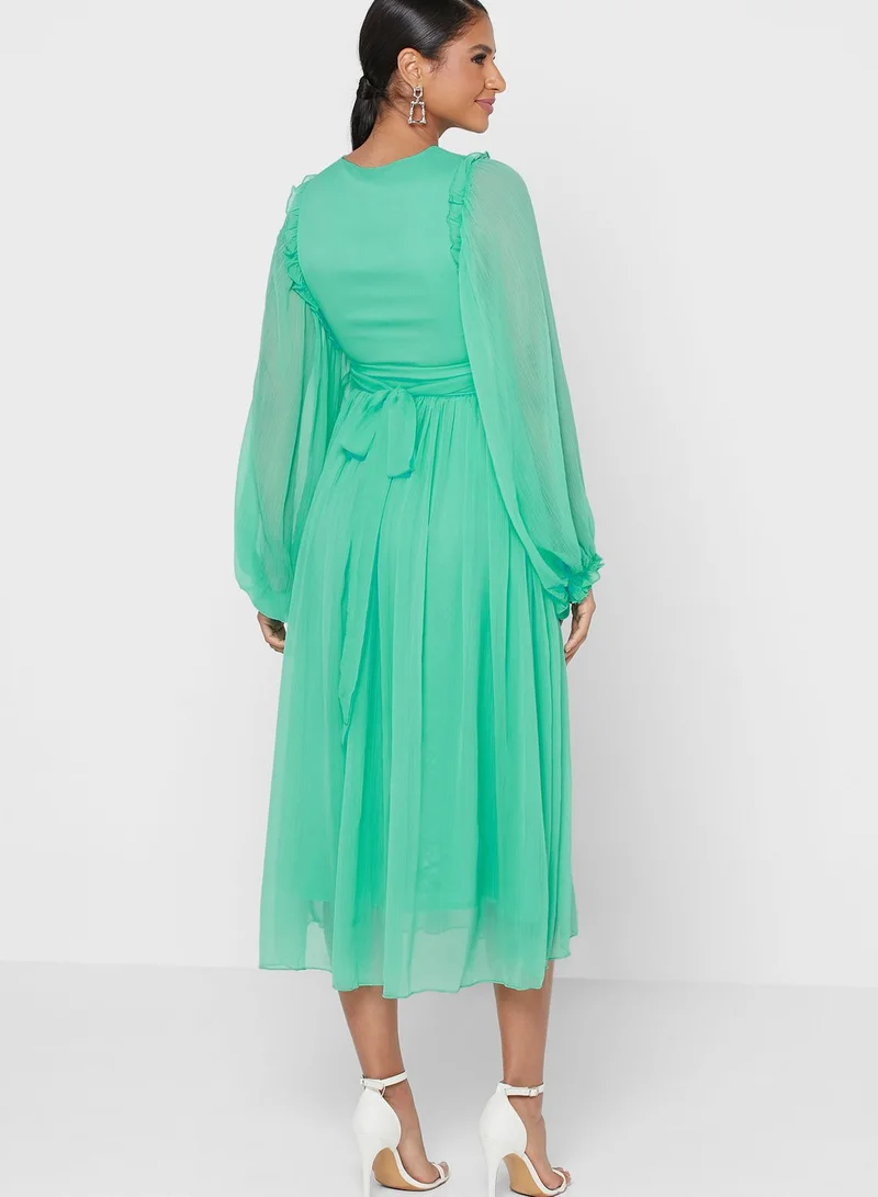 ANOTAH Balloon Sleeve Pleated Dress