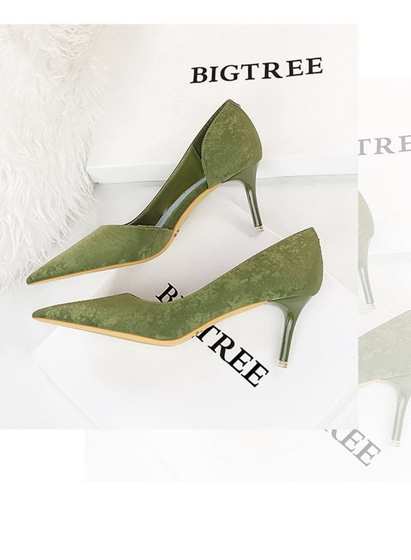 BIGTREE حذاء بكعب رفيع مجوف من الجانب بتصميم أوروبي وأمريكية بطول 7.5 سم مع قماش رقيق وفم ضحل مدبب باللون الأخضر - Image 2