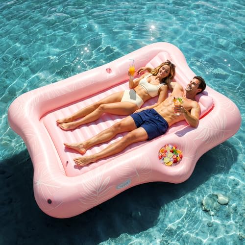 HeySplash Inflatable Pool Float Lounge Large Inflatable Pool Floats Boat for Adults with Cup Holder Detachable Pillow Tanning Pool Lounger Float for Outdoor Lake River Summer Water PartyPink Leaf - Image 1