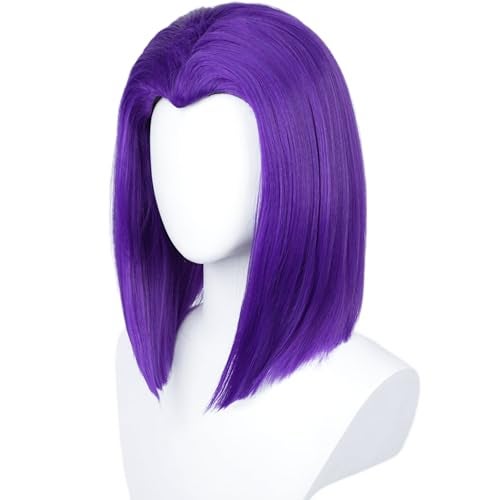 Half and Half Short Purple Anime Cosplay Wig Dark Purple Straight Bob Wigs Red Gem Wig Cap 14 Synthetic Hair for Women Halloween Costumes Party - Image 3