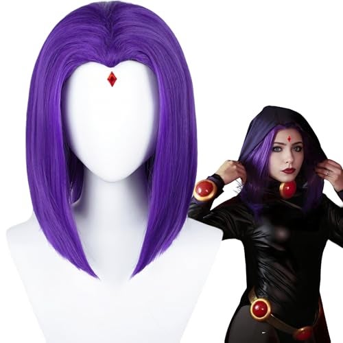 Half and Half Short Purple Anime Cosplay Wig Dark Purple Straight Bob Wigs Red Gem Wig Cap 14 Synthetic Hair for Women Halloween Costumes Party - Image 1