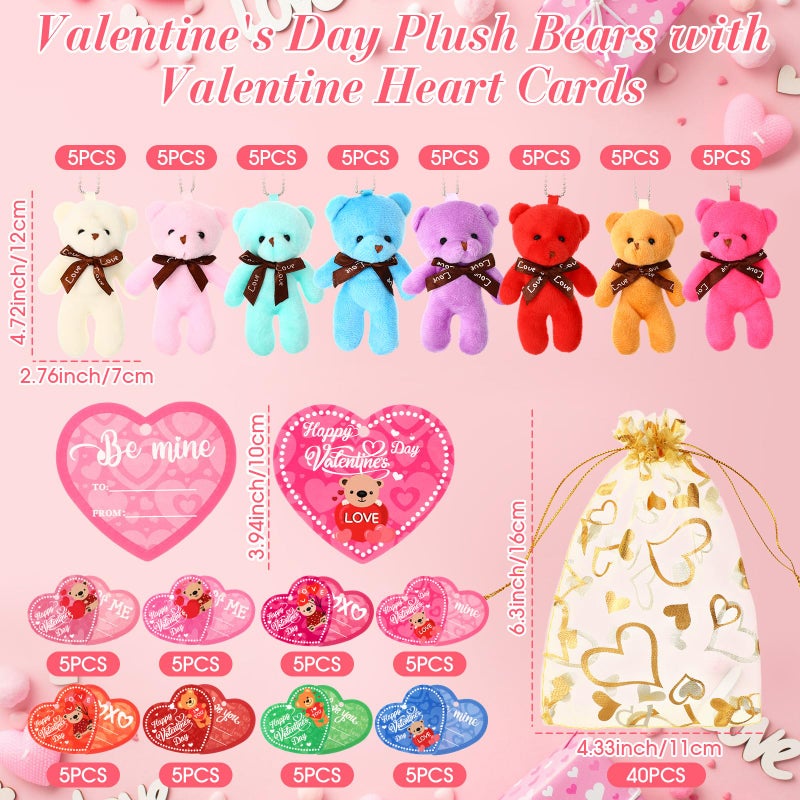 Blueweenly 40 Pack Valentines Mini Plush Bears with Heart Cards and Organza Bags 4.7 Inch Small Stuffed Bear for Exchange Prize Gifts Party Favors(Classic) - Image 2