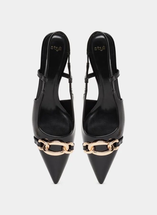 Styli Pointed Toe Slingback Metal Buckle Shoes