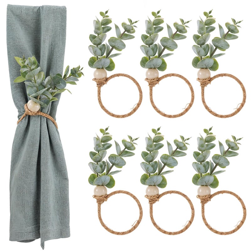 Amabro Napkin Rings Set of 6 Rustic Farmhouse Boho Green Leaf Eucalyptus Wood Bead Napkin Rings Holder for Fall Spring Thanksgiving Christmas Easter Weddings Table Decor - Image 3