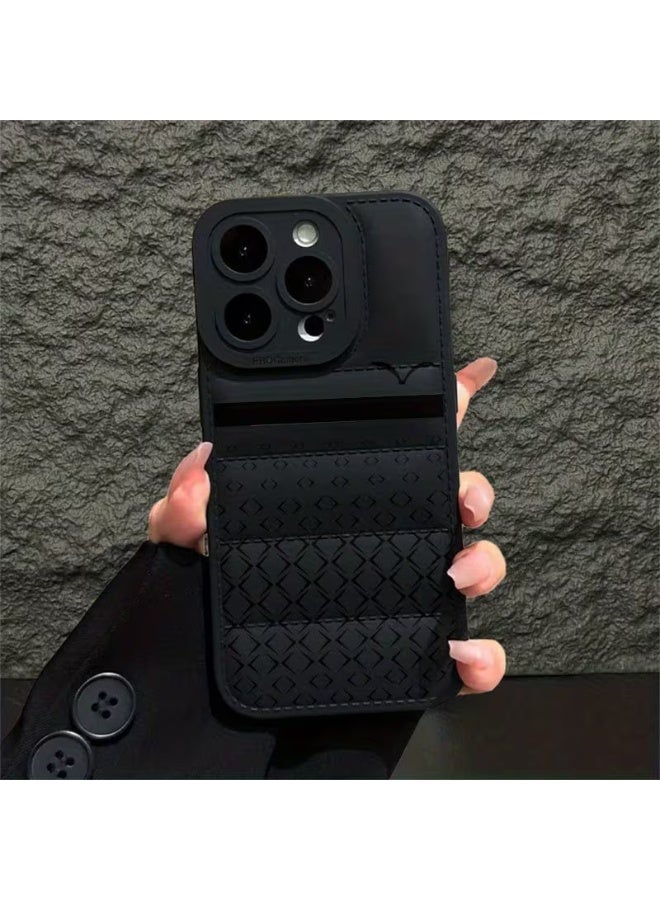 Temu A black, all-black puffer jacket-style phone case with stripes that provides shock resistance and camera protection, compatible with iPhone 13 Pro. - Image 1