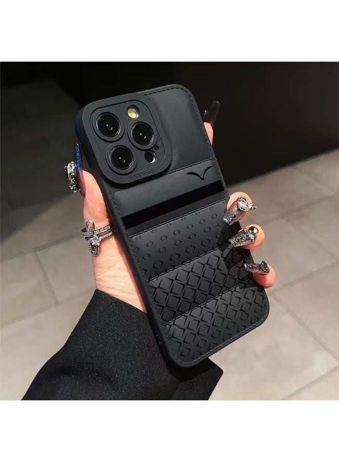 Temu A black, all-black puffer jacket-style phone case with stripes that provides shock resistance and camera protection, compatible with iPhone 13 Pro. - Image 2