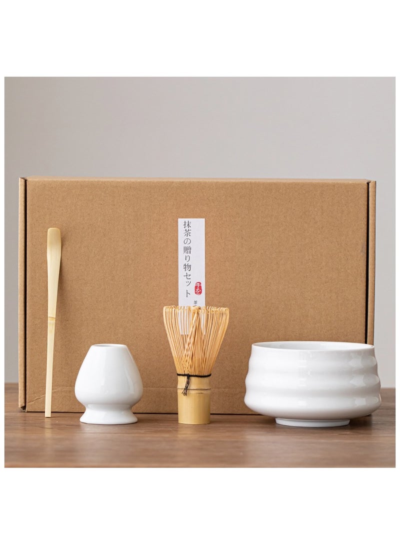 نهر قو Matcha tea set 4 pieces ceramic bowl bamboo whisk traditional scoop holder matcha stirring set white cup daily use gift - Image 1