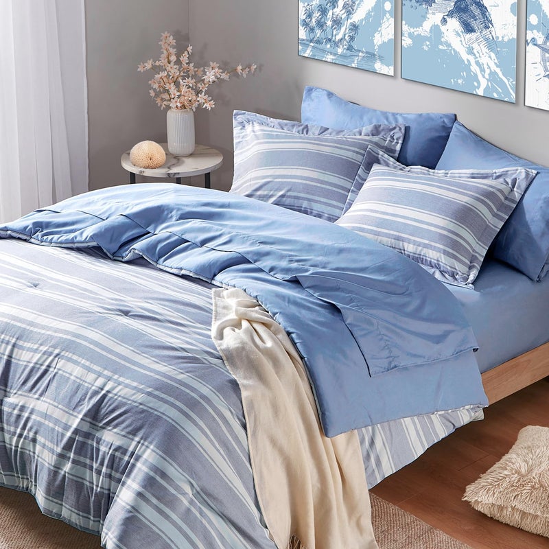 CODi Queen Size Comforter Sets with Sheets Modern Blue and White Striped Bed in a Bag 7Piece Complete Bedding Set Including Reversible Comforter 2 Sheets Pillowcases  Shams