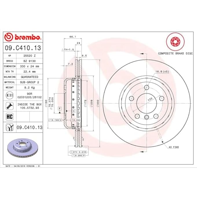 ريحني قرص فرامل بريمبو 09C41013 مطلي بالأشعة فوق البنفسجية الأمامي - Image 2
