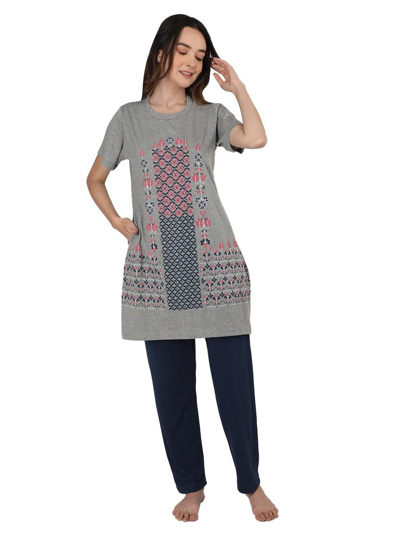 Duchess Women's Cotton Regular Fit Printed Round Neck Short Sleeve Long Length Night Suit Set | Pajama Set | Night Dress For Women Grey-BLK,Large - Image 1
