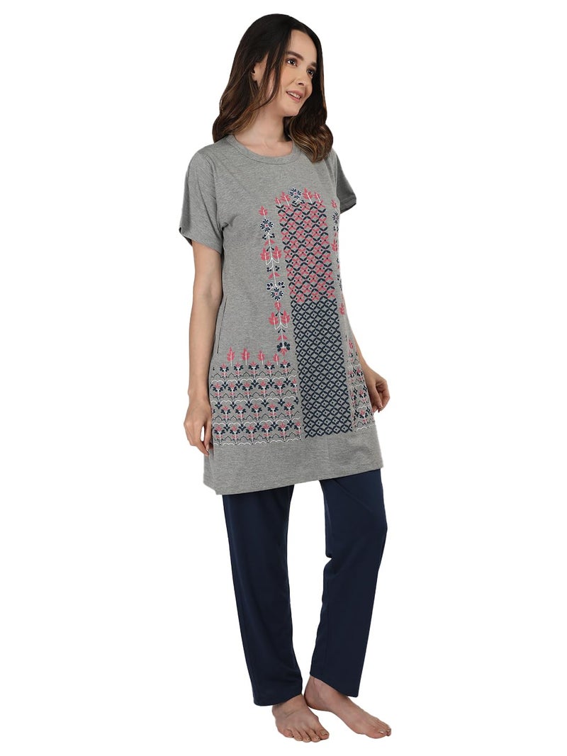Duchess Women's Cotton Regular Fit Printed Round Neck Short Sleeve Long Length Night Suit Set | Pajama Set | Night Dress For Women Grey-BLK,Large - Image 4