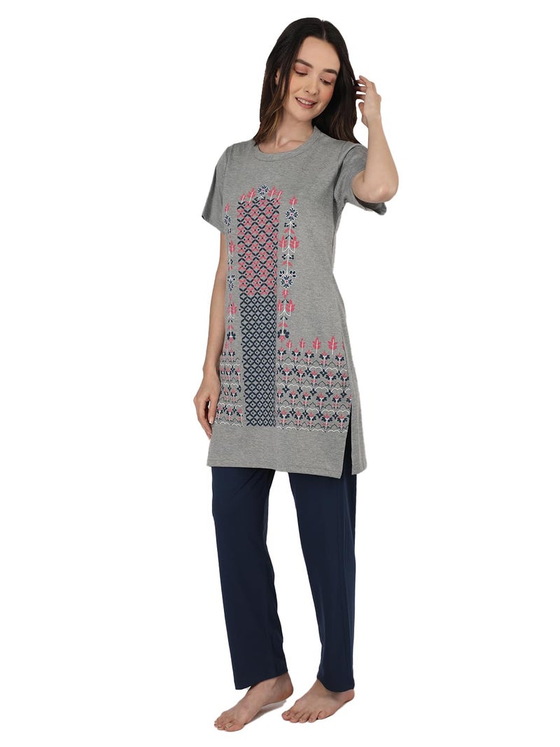 Duchess Women's Cotton Regular Fit Printed Round Neck Short Sleeve Long Length Night Suit Set | Pajama Set | Night Dress For Women Grey-BLK,Large - Image 5