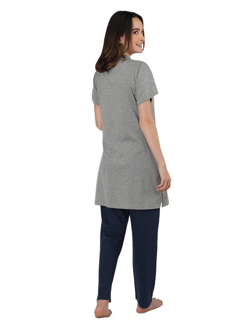 Duchess Women's Cotton Regular Fit Printed Round Neck Short Sleeve Long Length Night Suit Set | Pajama Set | Night Dress For Women Grey-BLK,Large - Image 3