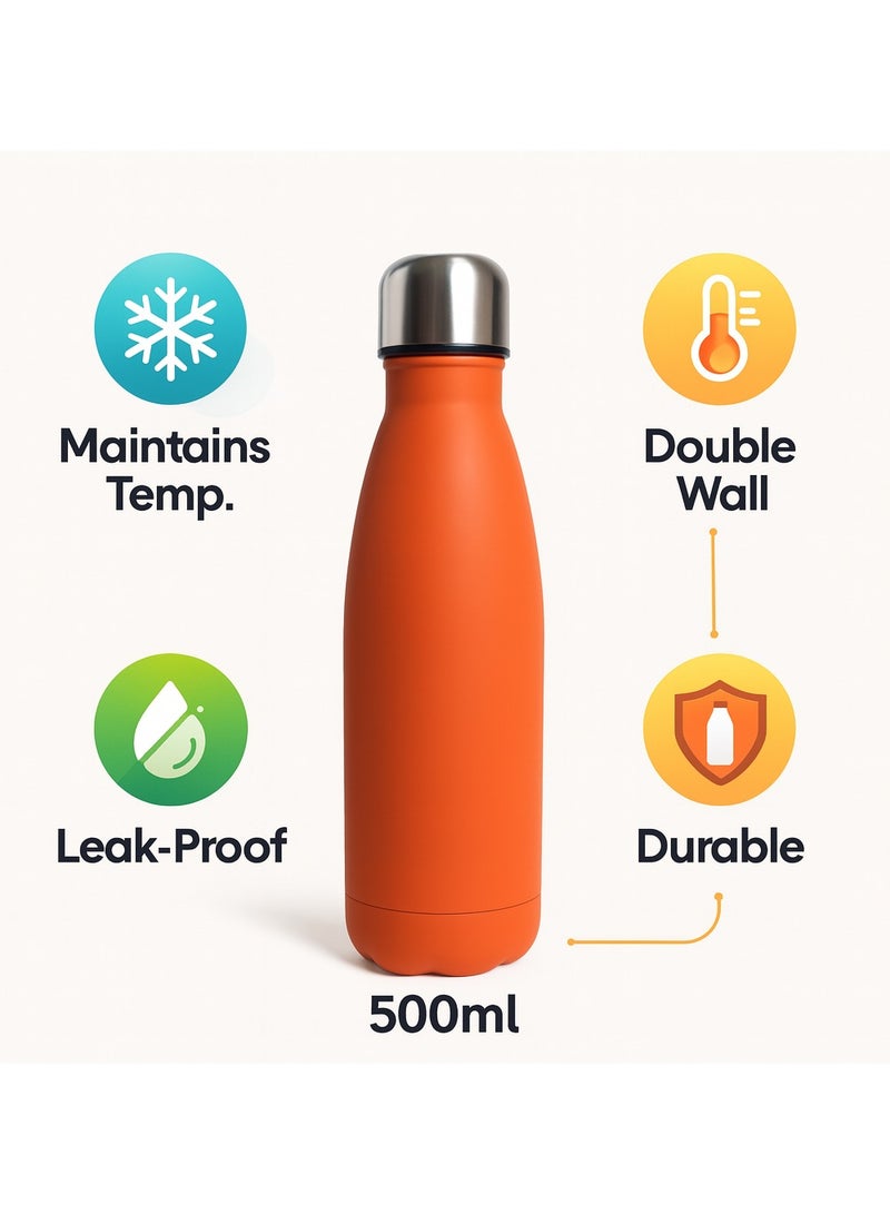 زجاجة مياه حرارية استانلس ستيل 500 مل فلاسک معزول مزدوج الجدار للمشروبات الساخنة والباردة مانعة للتسرب ومناسبة للسفر لون برتقالي - Image 5