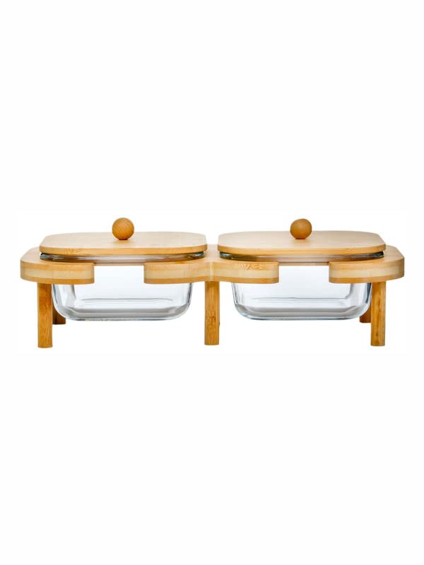 GOOD HOMES WITH WORD YSR Goodhomes Glass Serving Set with Wooden Lid Stand Set of 2pcs Bowl with Wooden Lid 1pc Tray - Image 2