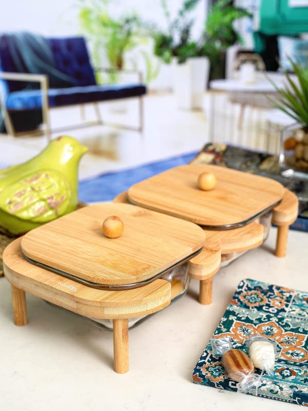 GOOD HOMES WITH WORD YSR Goodhomes Glass Serving Set with Wooden Lid Stand Set of 2pcs Bowl with Wooden Lid 1pc Tray - Image 1
