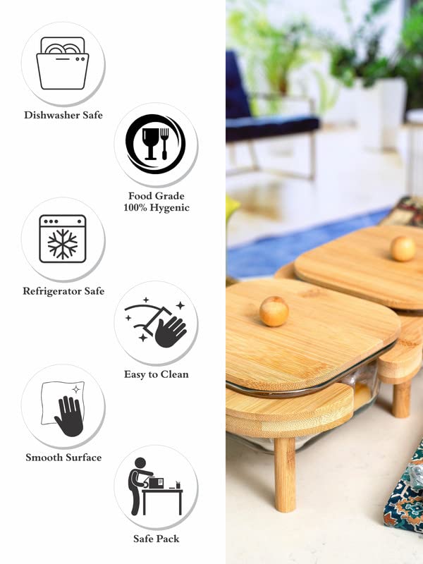 GOOD HOMES WITH WORD YSR Goodhomes Glass Serving Set with Wooden Lid Stand Set of 2pcs Bowl with Wooden Lid 1pc Tray - Image 4