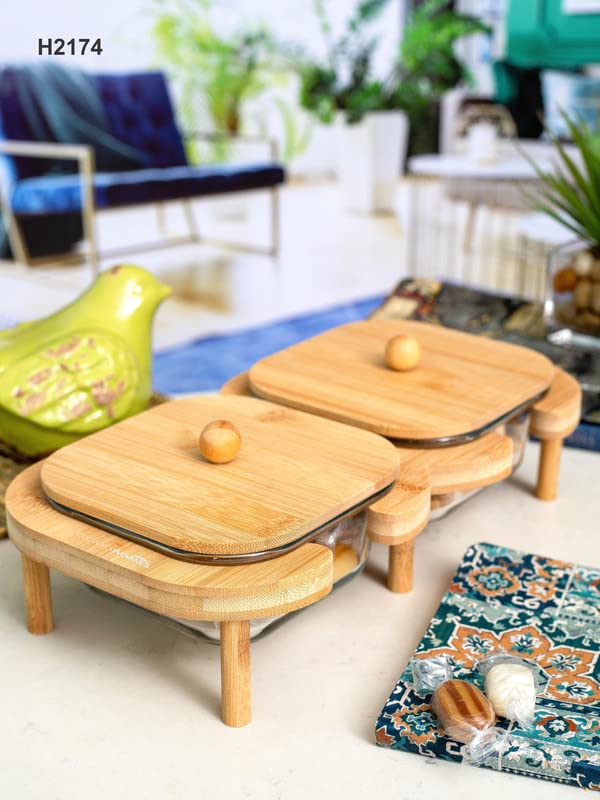 GOOD HOMES WITH WORD YSR Goodhomes Glass Serving Set with Wooden Lid Stand Set of 2pcs Bowl with Wooden Lid 1pc Tray - Image 5