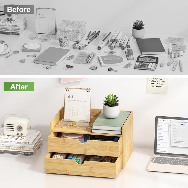 Wisuce Bamboo Desk Organizer - Mini Bamboo Desk Drawer Tabletop Cosmetic Storage Organization for Office or Home (Nature 2 Drawers) - Image 4