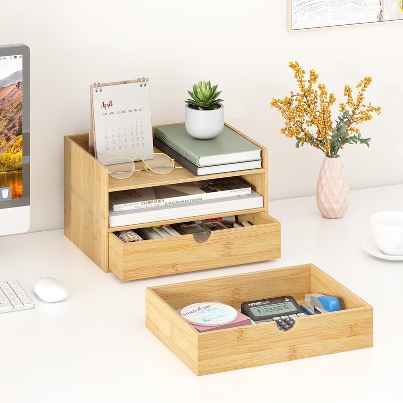 Wisuce Bamboo Desk Organizer - Mini Bamboo Desk Drawer Tabletop Cosmetic Storage Organization for Office or Home (Nature 2 Drawers) - Image 5