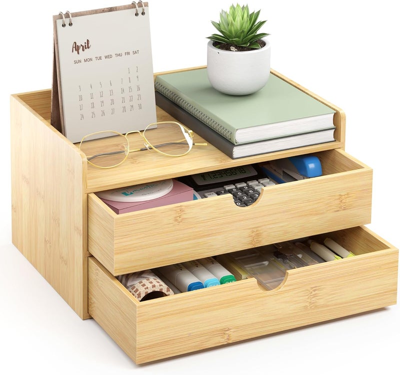 Wisuce Bamboo Desk Organizer - Mini Bamboo Desk Drawer Tabletop Cosmetic Storage Organization for Office or Home (Nature 2 Drawers) - Image 1