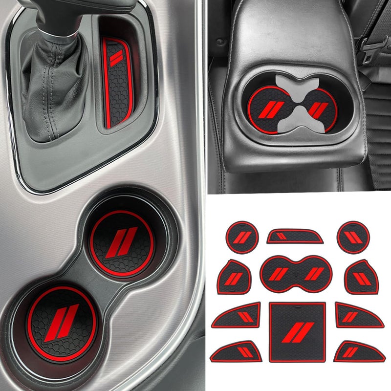 REMOCH for Dodge Challenger Accessories 20152024 Custom Fits Cup Holder Insert Antidust Mats Door Pocket Center Console Liners Red Trim 11 PCSSet
