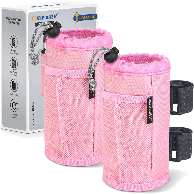 GEARV 2Pack Cup Holder for Bike Scooter and Wheelchair Water Bottle Holder for UTVATV Walker Golf Cart and Beach Universal Drink Holder Accessories with Net Pocket and Cord Lock Pink