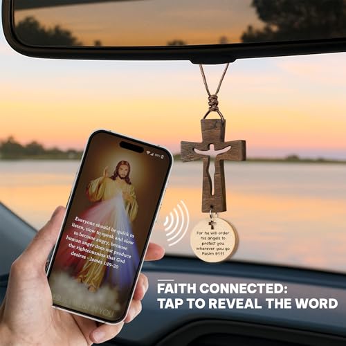 Hangwoous Cross for Car Mirror Hanging Accessories With Bible Verse - Scan Phone For Daily Bible Verse - Rear View Mirror Hanging Accessories - Car Cross Ornament - New Driver Gifts - Christian Gift For Men - Image 2