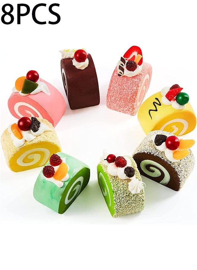 Ailily 8 Pieces Realistic Artificial Simulation Cake Dessert, Mixed Fake Cake Food Model Home Staging Crafts Photography Props Fake Swiss Roll Kitchen Home Decoration Display (4 Colors)  - Image 1