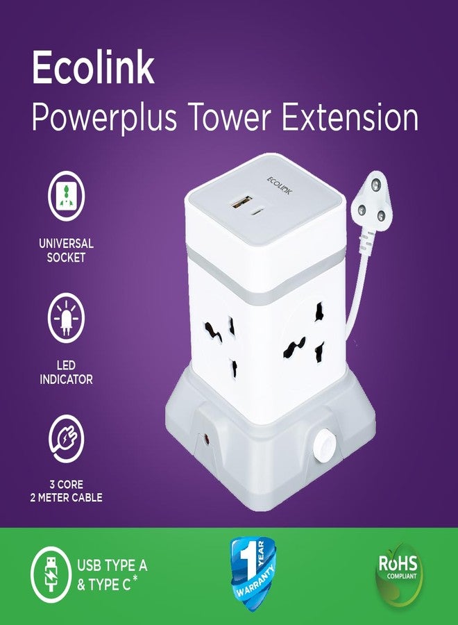 EcoLink Tower Extension 6A PowerPlus | Multi Plug Power Tower with Multiple Sockets | Space-Saving Vertical Design | Overload Protection | Home & Office Use | Pack of 1 - Image 2