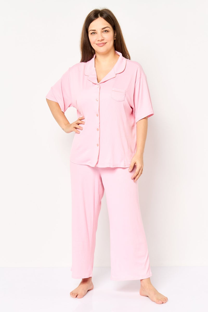 PJ Couture Women 2 Pieces Textured Top And Bottom Pajama Set, Pink - Image 1