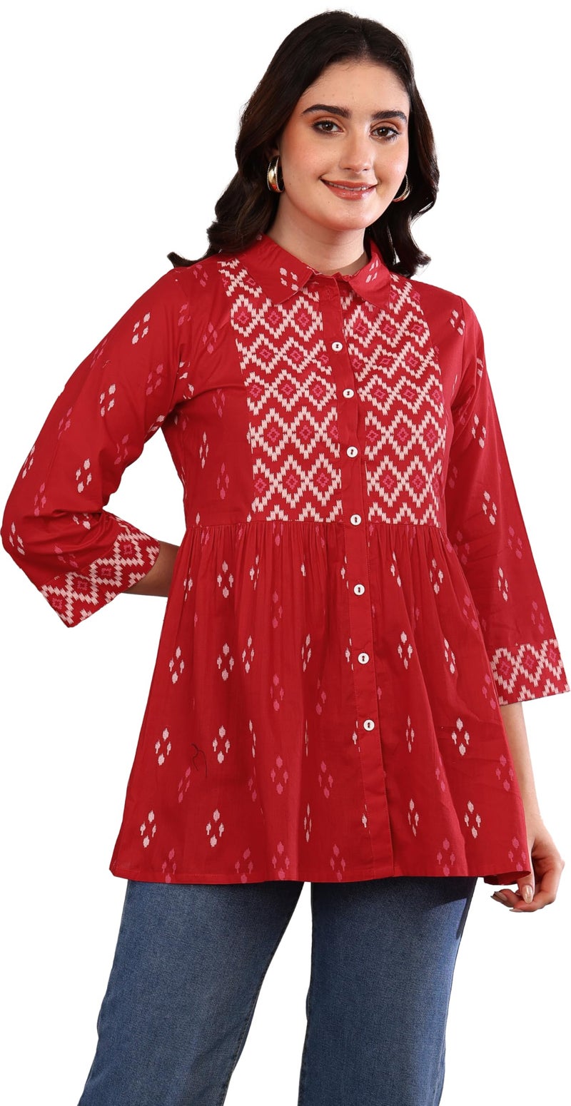 Yash Gallery Women's Cotton Geometric Print Hip Length 3/4th Sleeve Collared Neck Short Kurti (Red) - Image 1