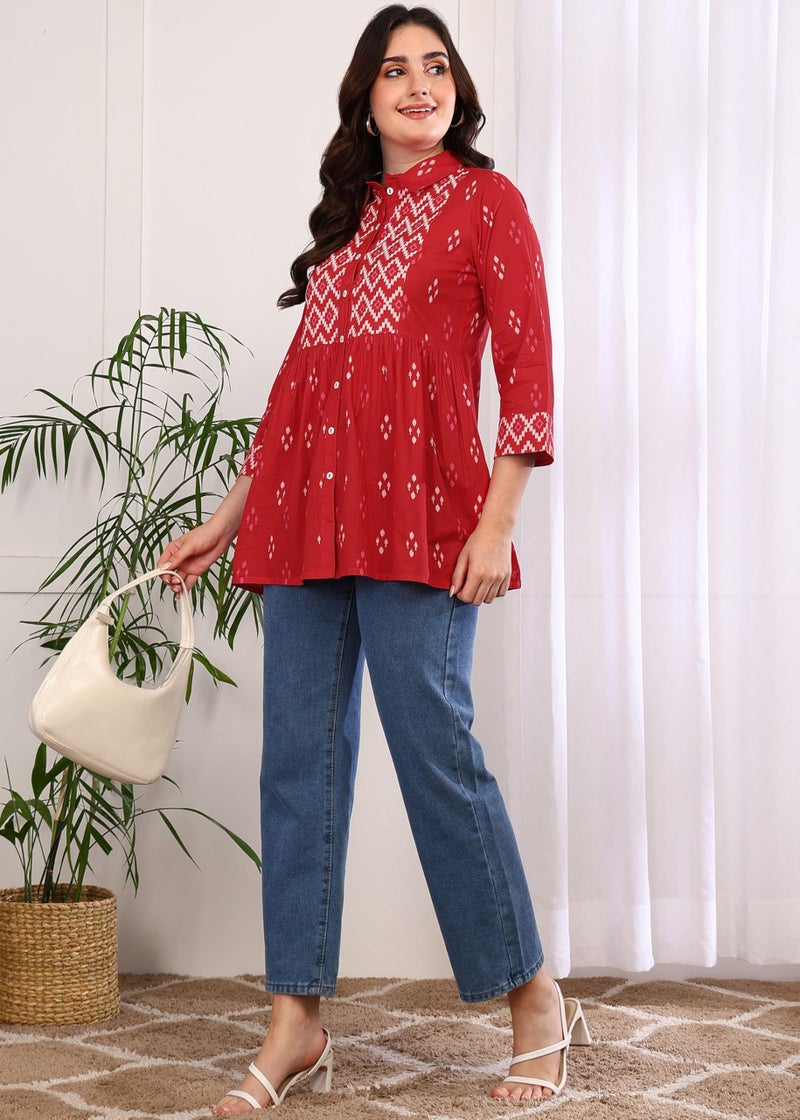 Yash Gallery Women's Cotton Geometric Print Hip Length 3/4th Sleeve Collared Neck Short Kurti (Red) - Image 3