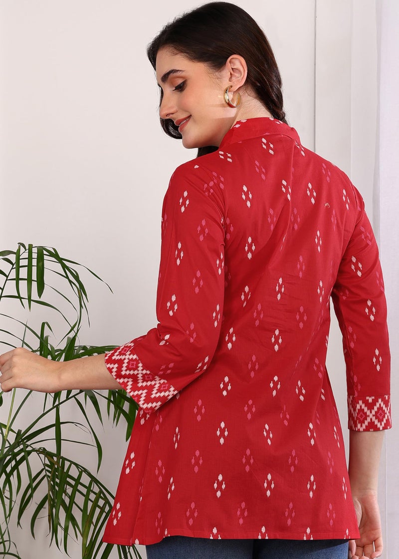 Yash Gallery Women's Cotton Geometric Print Hip Length 3/4th Sleeve Collared Neck Short Kurti (Red) - Image 4