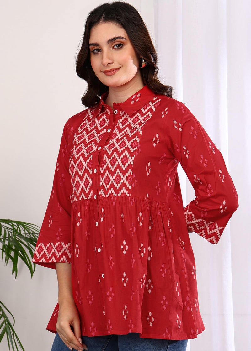 Yash Gallery Women's Cotton Geometric Print Hip Length 3/4th Sleeve Collared Neck Short Kurti (Red) - Image 2
