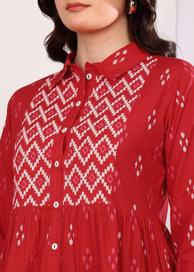 Yash Gallery Women's Cotton Geometric Print Hip Length 3/4th Sleeve Collared Neck Short Kurti (Red) - Image 5