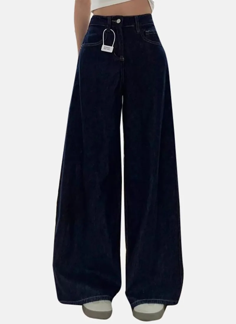 يونيكي Blue Solid Mid Rise Relaxed Wide Leg Jeans