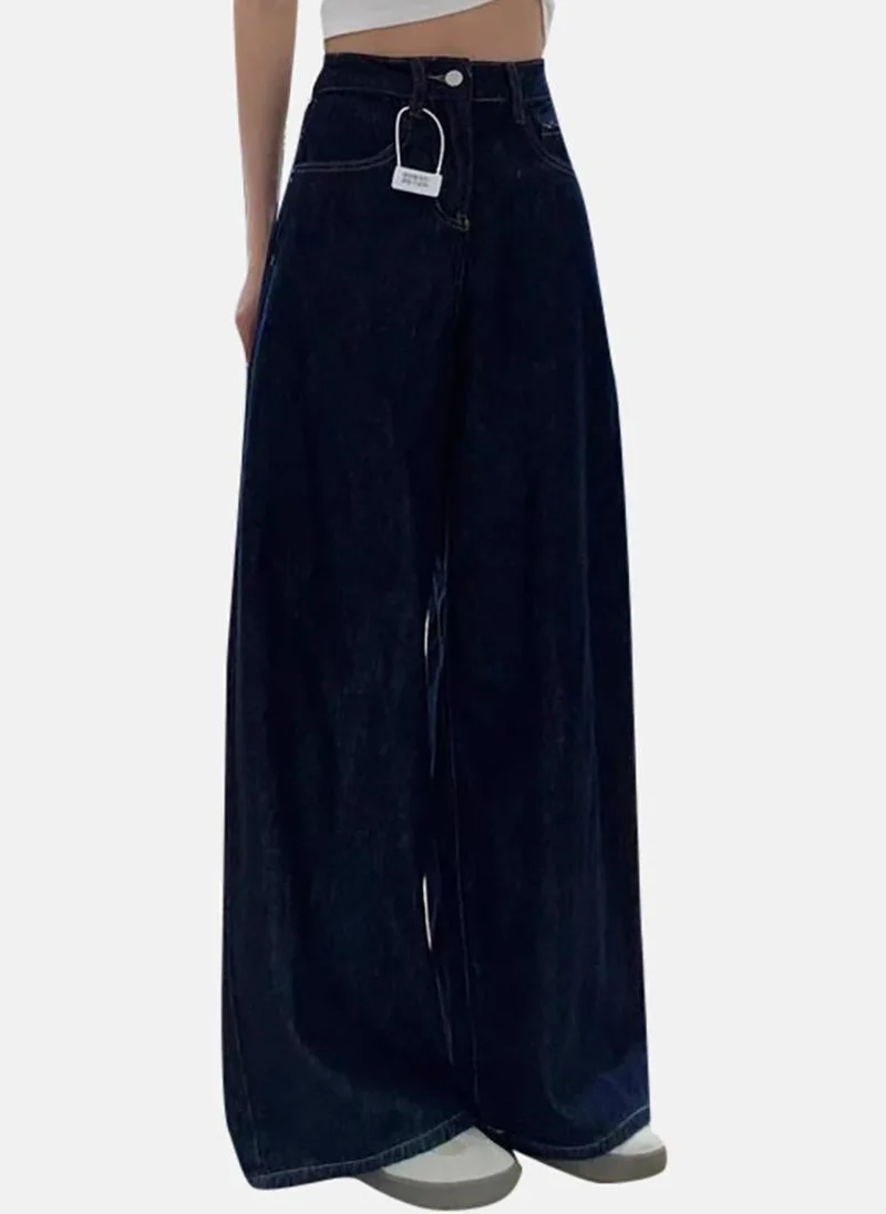 يونيكي Blue Solid Mid Rise Relaxed Wide Leg Jeans