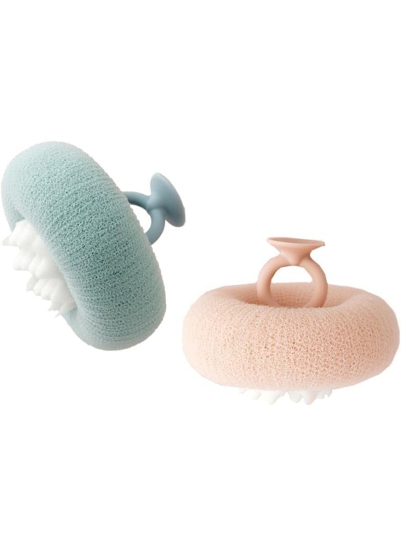 2 حزمة حمام فرشاة الجسم للدش ، تقشير الإسفنجة المكرر مع مقبض حلقة وتصميم امتصاص ، فرشاة الرغوة الناعمة للجسم وفروة الرأس ، الوردي والأزرق ، ملحقات الاستحمام للرجال والنساء والأطفال - Image 1