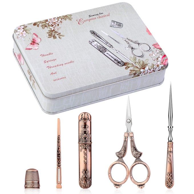 Butuze Embroidery Scissors Kit, European Antique Vintage Sewing Kit, Complete Vintage Sewing Tools with Embroidery Scissors,Original Case,Sewing Needle Case, Awl for Sewing, Craft, Needlework - Image 1