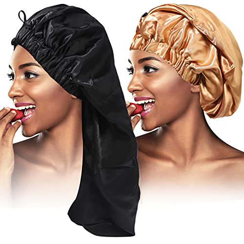 2PCS Satin Hair Braid Bonnet Extra Long Foldable Bonnet with Button Single Layer Sleep Cap for Black Women  Dreadlocks BlackKhaki