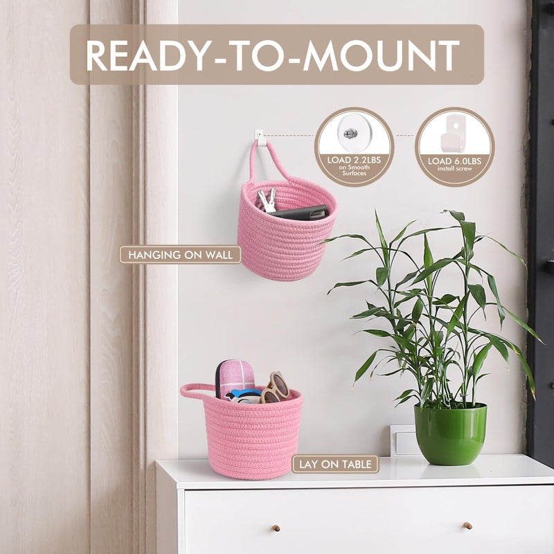 LIGHT DUST Fabric Wall Hanging Baskets - 3Pack Woven Pouchs Boho Style Wall Mounted Bag with Adhesive Hooks, Storage Organizers and Decoration Pocket Caddy Bins on Door Rack (Bright Pink & White, Large) - Image 4