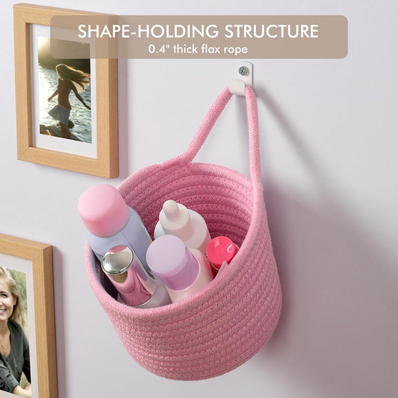 LIGHT DUST Fabric Wall Hanging Baskets - 3Pack Woven Pouchs Boho Style Wall Mounted Bag with Adhesive Hooks, Storage Organizers and Decoration Pocket Caddy Bins on Door Rack (Bright Pink & White, Large) - Image 3