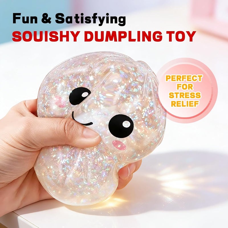 Dumpling Squishies, Glitter Dumpling Mystery Box, 2026 Upgraded Dumplings Stress Balls Fidget Sensory Balls, Squeeze Dough Ball Stress Relief Hand with Food Steamer, Relaxation Gift (Glitter Red) - Image 1