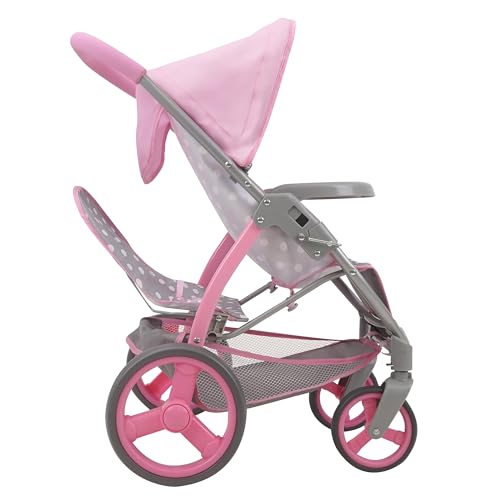509 Crew: Cotton Candy Pink: Twin Tandem Doll Stroller - Pink, Grey, Polka Dot - Dolls Up to 18", Holds 2 Dolls, Foldable, Kids Pretend Play, Ages 3+ - Image 4